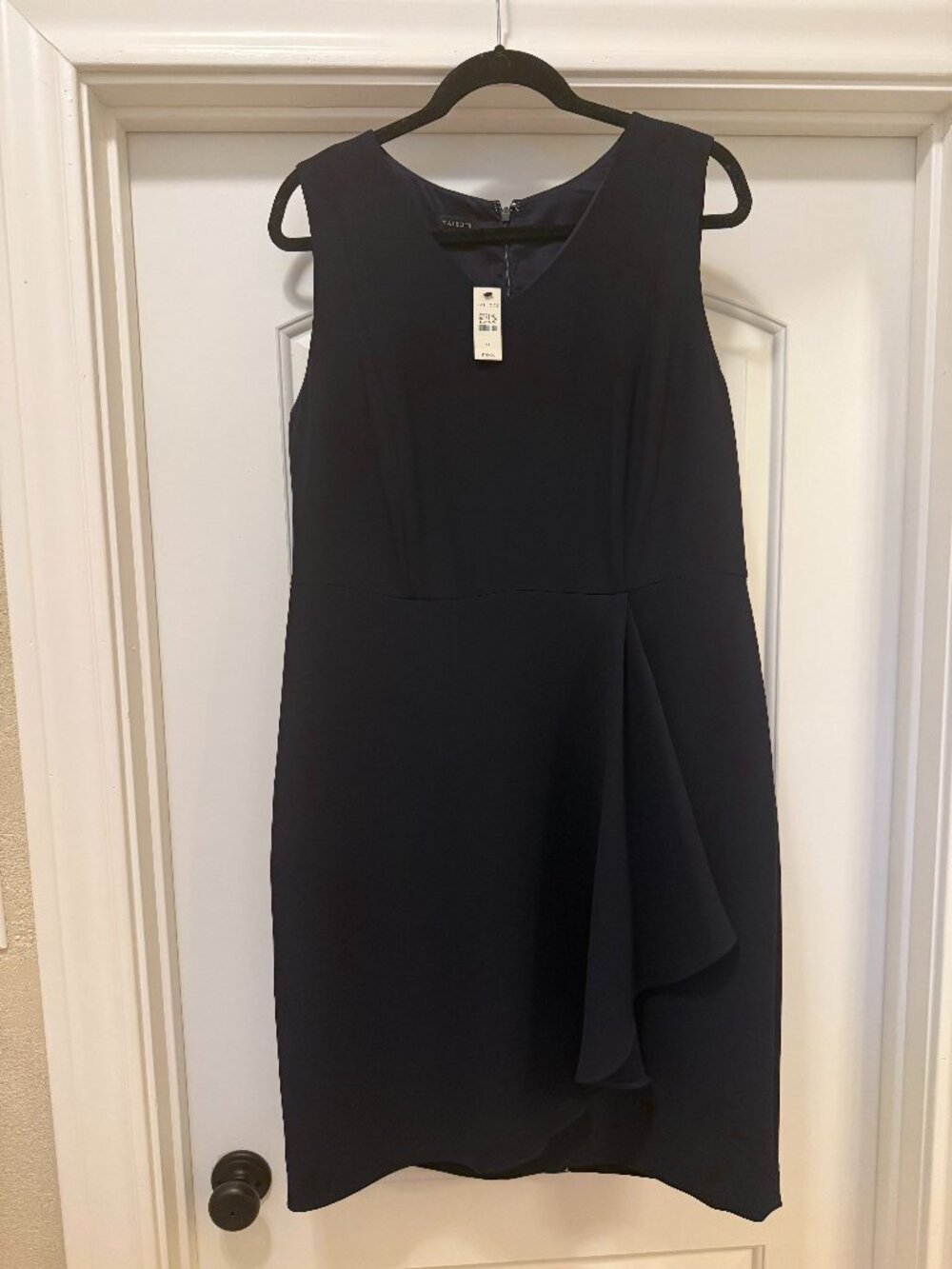 NWT Talbots Navy Blue Side Cascade Ruffle V-Neck Sheath Dress Size 14 MSRP $159